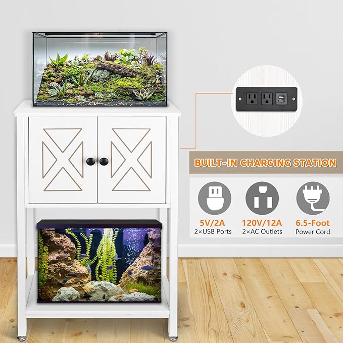 BEURUKU 5-10 Gallon Fish Tank Stand, Heavy Duty Aquarium Stand with Cabinet & Power Outlets for Fish Tank Accessories Storage, Double Reptile Terrarium Stand 20.5" L* 11" W Tabletop, White