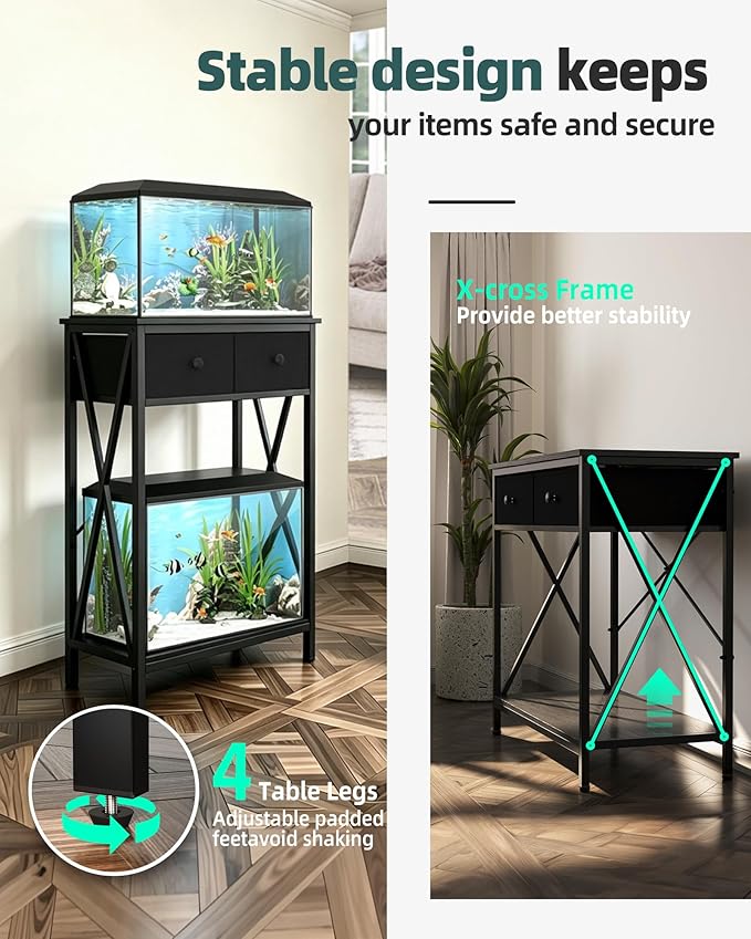 Fish Tank Stand for 5-10 Gallon Fish Tank: Aquarium Stand with Accessories - Metal 10 Gallon Tank Stand with Cabinet Drawer Storage for Turtle Tank, Reptile Terrarium (Black, 220LBS Capacity)