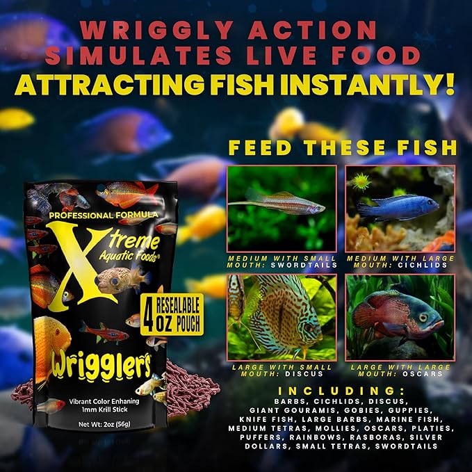 Xtreme Wrigglers - Krill-Based Live Fish Food Alternative - Vibrant Colors, Natural Protein Source, Convenient Resealable Pouch - USA Farm Grown (4oz)
