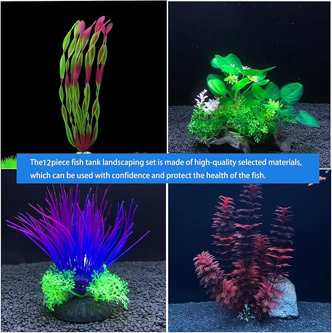 Aquarium Decorations Plants, 12Pcs Artificial Fish Tank Plants with Assorted Sizes (5-24cm), Fish Tank Accessories Fish Tank Decor, Aquarium Decor Fish Tank Plastic Plants
