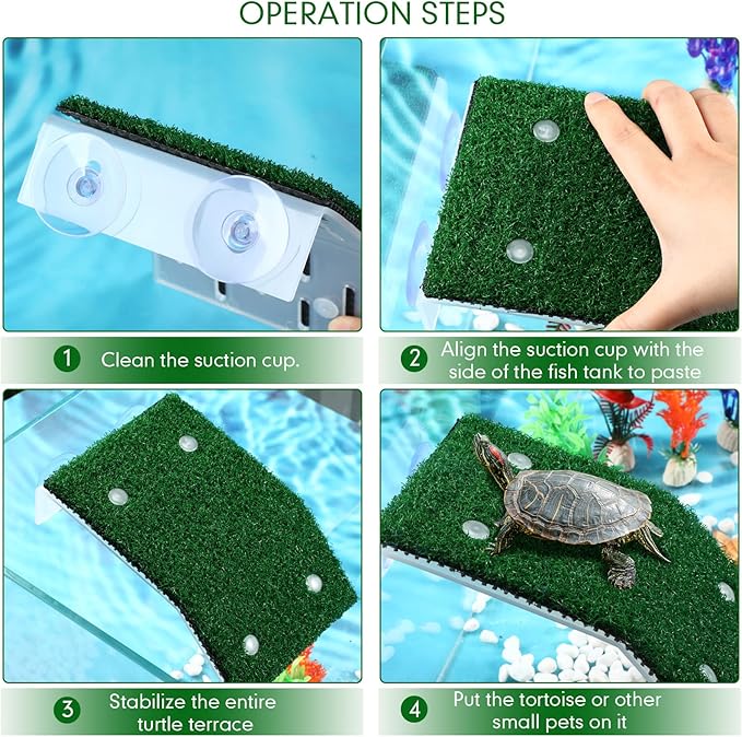 2 Pcs Turtle Basking Platform Ramp Medium Tortoise Terrace Resting Ladder Simulation Lawn and 6 Pcs Artificial Plastic Aquarium Plants Turtle Tank Accessories Decorations for Small Reptile Turtle