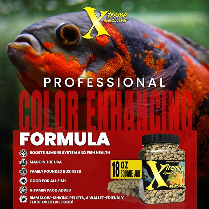 Xtreme Monster 9.0mm Pellets – Slow Sinking & Ideal for Large Cichlids, Monster Fish & Voracious Eaters – Boost Immune & Digestive Health, Max Marine Protein Fish Food – USA Farm Grown (18oz)