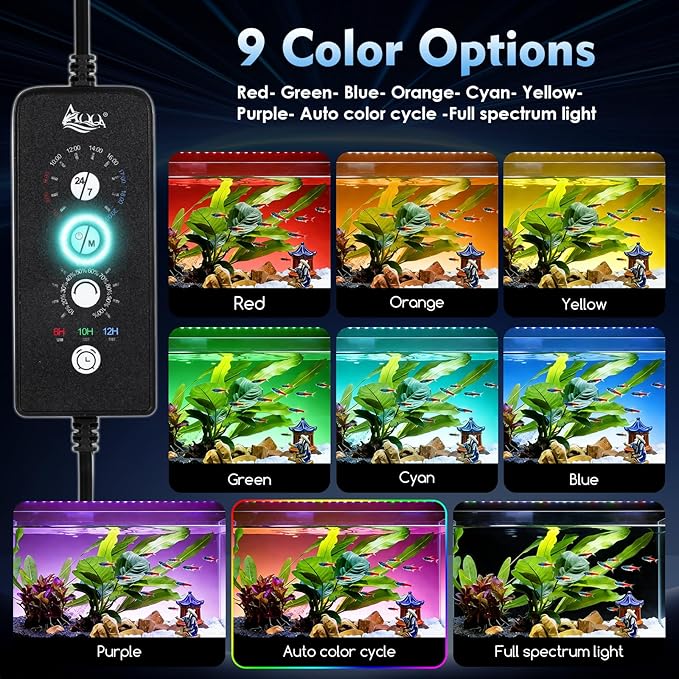 AQQA LED Aquarium Light 24W for 12-18 Inch Fish Tank, 24/7 Mode&DIY Mode Full Spectrum Fish Tank Light, IP68 Waterproof High Lumen Aquarium Plant Light, Adjustable Brightness/Timer, Memory Function