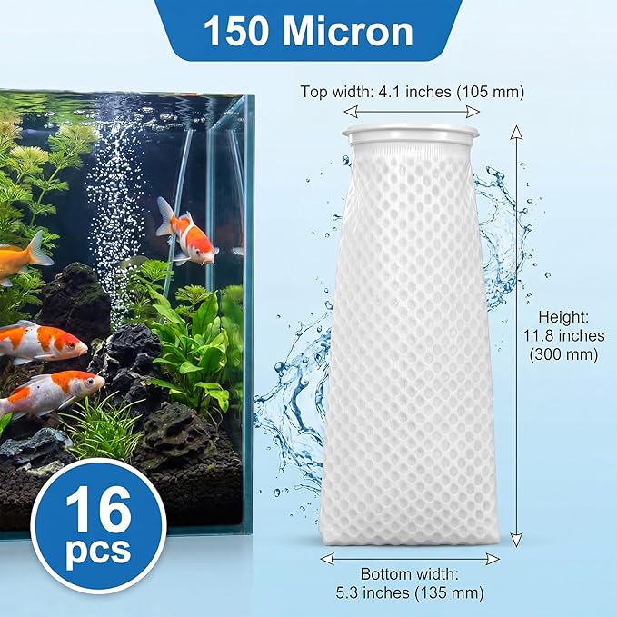 Lewtemi 16 Pcs Ring Honeycomb Filter Socks 150 μm Aquarium Filter Bags 11.8 × 4 Inch Sump Socks for Fish Tank Saltwater Aquarium
