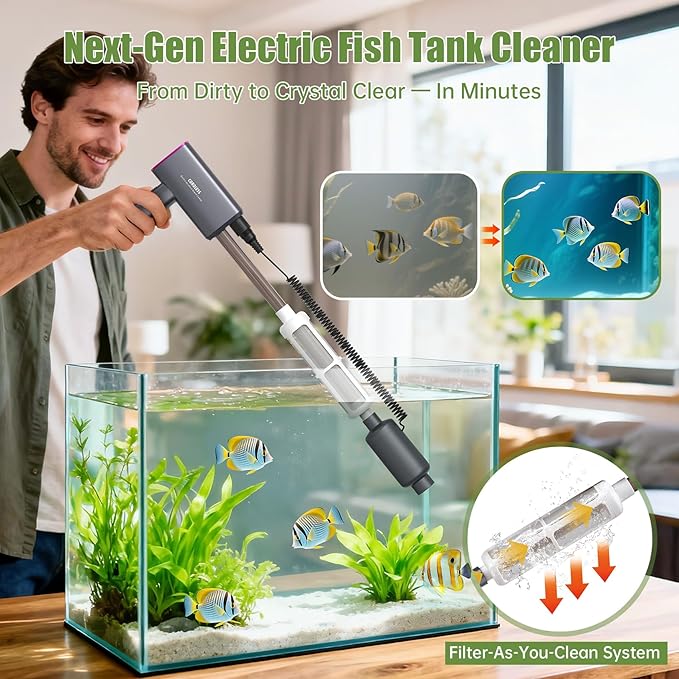 Cordless Aquarium Vacuum Gravel Cleaner: 6-in-1 Electric Fish Tank Cleaner, 36W Rechargeable & 650GPH Strong Suction Automatic Water Changer, Touch Control, Fits 5–150 Gallon Tanks