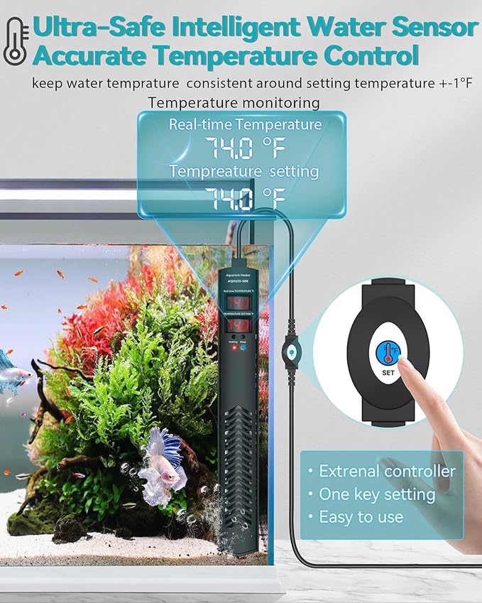 AHJ Aquarium Heater for 75 100 120 Gallon, 500W Submersible Fish Tank Water Heater with Accurate Temperature Control, Over-Temp Protect, Auto Shut-Off, Quick Heat up for Saltwater & Freshwater