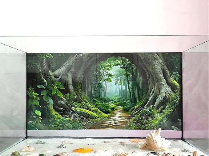 Tree Hole Aquarium Fish Tank Background Tropical Forest Plants Reptile Tank Background 30x18 Inches PVC Glass Container Decoration with Tapes