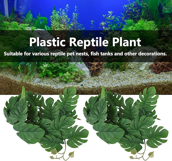 2PCS Artificial Water Plant,Simulation Vine,Lifelike Plastic Leaves Decoration with Suction Cup,Plastic Plant Aquatic Water Grass Decor for Fish Tank (Monstera Deliciosa Leaf)