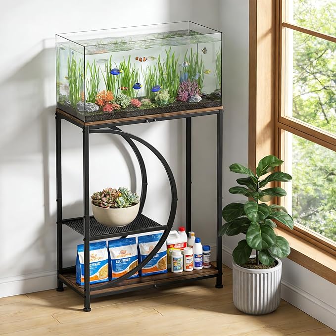 10 Gallon Fish Tank Stand, Aquarium Stand with Smooth Wood Board and Matte Black Iron Frame, Heavy Duty Sturdy Design for Home Office Use, Black (Tank not Included)