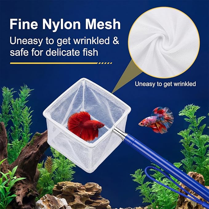 3 Inch Fine Mesh Shrimp Net, Tiny Fish Net for Shrimp Baby, Long Handle Small Fishes Tank Tool for Bettas, Extendable Stainless Steel Handle, Small Tank & Pond Cleaning Nets