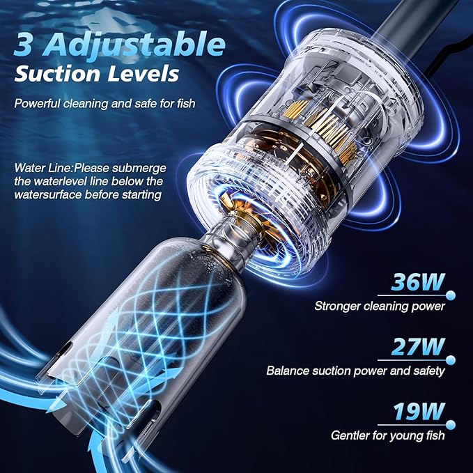 AKKEE Aquarium Vacuum Gravel Cleaner Handle Control, 8 in 1 Multifunctional 36W Electric Fish Tank Cleaner Vacuum for Automatic Water Change, Wash Sand, Water Circulation and Timed Off