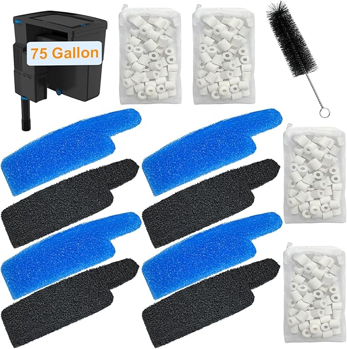17-Set Filter Media Kit Replacement for Seachem Tidal 75 Gallon (300 Liters) Large Aquarium Fish Tank Filter, Comprising: Ceramic Rings, Blue Foam Filters, Carbon Sponge Filters, 1 Brush and Mesh Bags