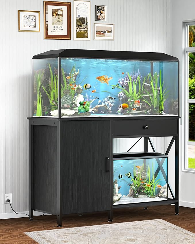 Fish Tank Stand for 40-50 Gallon Fish Tank: Aquarium Stand with Power Outlet - Metal 40 Gallon Tank Stand with Cabinet Drawer Storage for Turtle Tank, Reptile Terrarium (Black, 800LBS Capacity)