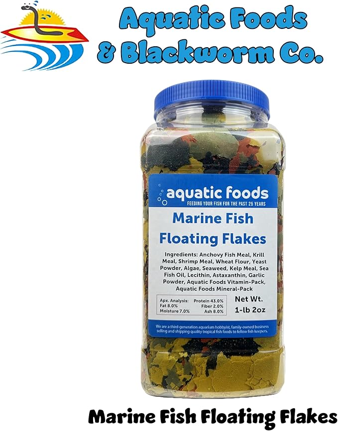 Marine Fish Premium Flakes for All Marine & Tropical Fish. Aquatic Foods Premium Flakes…1-lb 2oz Lg Jar