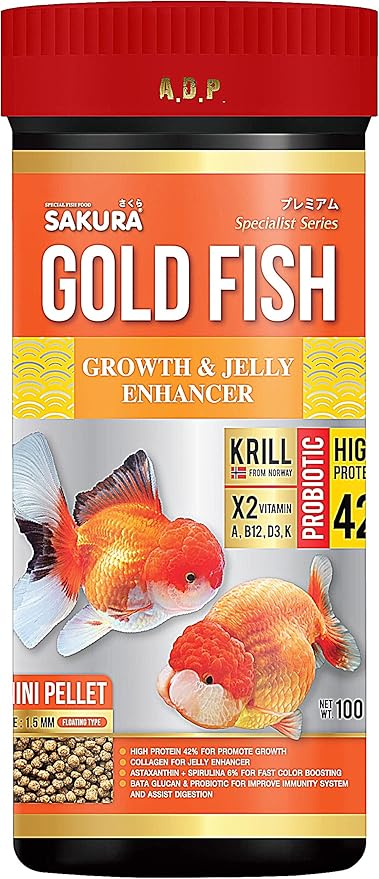 A.D.P. SKR Growth Fast & Jelly Enhancer 100 g. Goldfish Food Mini Floating Pellet 1.5 mm, High Protein 42% Build Big Body & Color Enhancing Aquarium Baby Newborn Fry Tropical Fish Food, Proven 14 Day