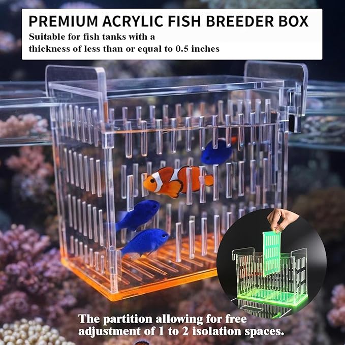Acrylic Breeder Box for Fish Tank, Aquarium Isolation & Breeding Box with Extendable Long Handle Net for Baby Fish, Shrimp, Betta, Guppy - Acclimation Hatchery Incubator (Orange, 7.4x5.3x6.3 in)