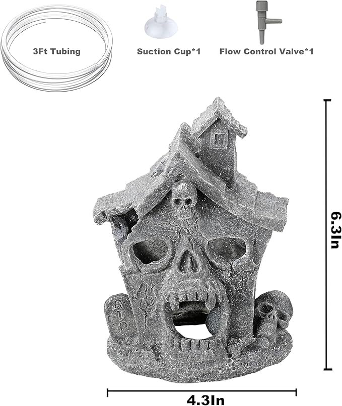Carefree Fish Aquarium Haunted House Halloween Ghost Bubbler Decor Fish Hide-Out Ornament with 3Ft Tubing and Tiny Air Stone（No Included Air Pump