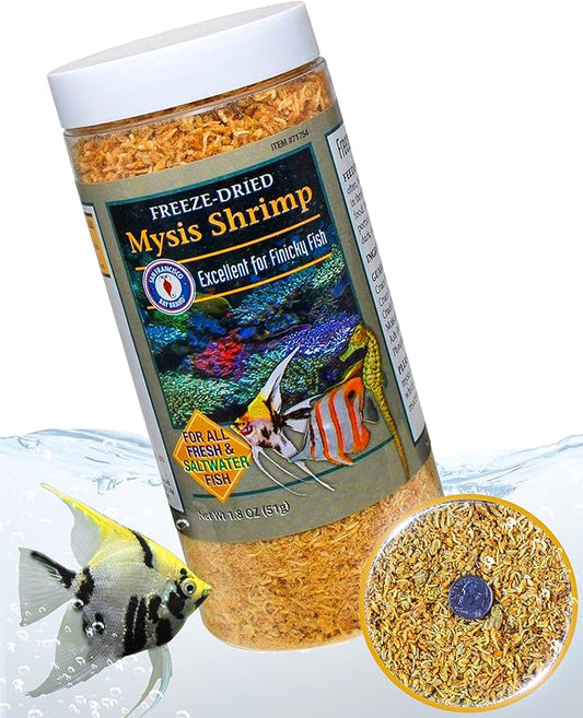 San Francisco Bay Brand Freeze-Dried Mysis Shrimp - Premium Fish Food for Live Fish, Shrimp Food, Tropical Fish Food - Ideal for Freshwater and Saltwater Fish, Cichlids, Angels - 1.8 oz (51g)