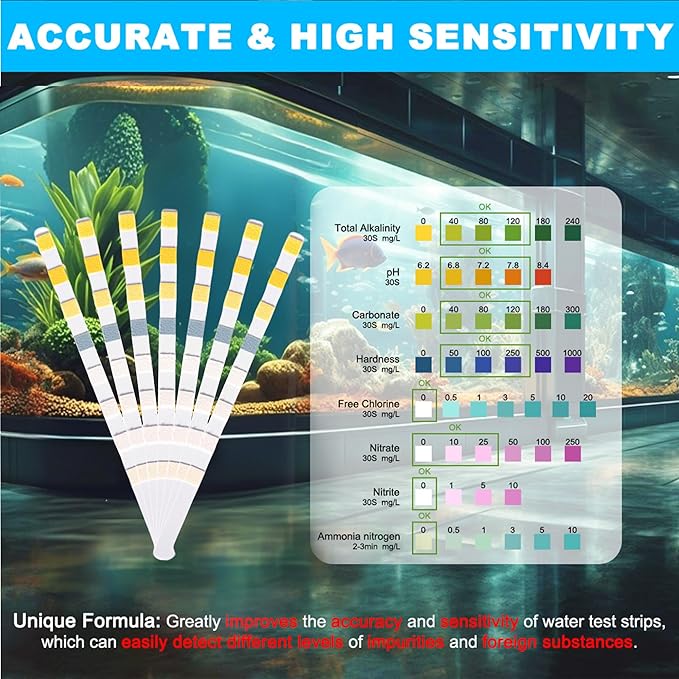 DaToo 8 in 1 Aquarium Test Kit Fish Tank Test Strips Accurate Water Quality Testing Strips for Ammonia PH Total Alkalinity Carbonate Hardness Free Chlorine Nitrate Nitrite Temperature (100 Strips)