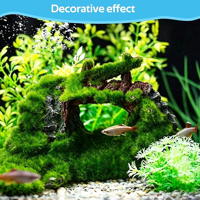Saim Aquarium Cave Decor, Mossy Hollow Rock Hideout for Betta Fish & Shrimp - Natural Ruins Stone with Hole, Small Fish Hideaway Tank Ornaments