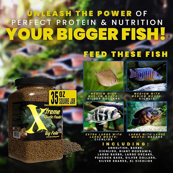 Xtreme Big Fella 3.0mm Pellets: Professional Nutrition for Medium to Large Cichlid/Community Fish - Boost Immune & Digestive Health, Color & Energy, Max Protein Fish Food – USA Farm Grown (35oz)