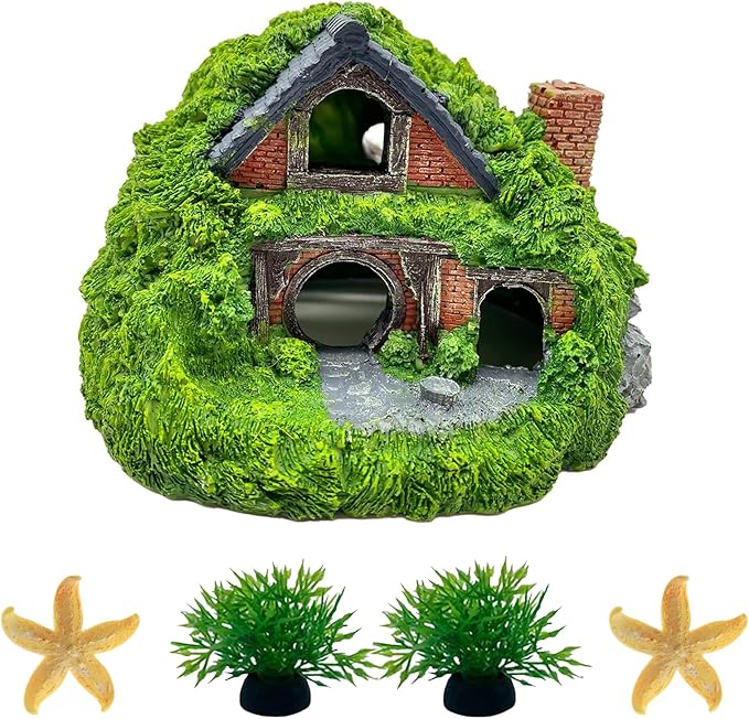Fish Tank Decorations kit, Aquarium Decor Hobbit House x 1pc, Fish Tank Accessories Aquatic Plants x 2pcs, Starfish x 2pcs.