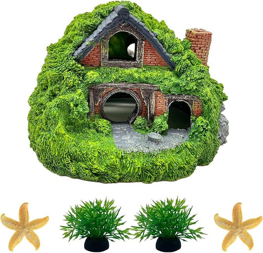 Fish Tank Decorations kit, Aquarium Decor Hobbit House x 1pc, Fish Tank Accessories Aquatic Plants x 2pcs, Starfish x 2pcs.