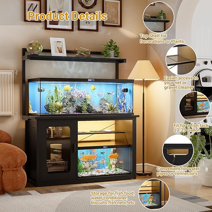 Unikito 55-75 Gallon Fish Tank Stand With Power Outlets & LED Light, Heavy Duty Aquarium Cabinet for Accessories Storage, Reversible Reptile Tank Terrarium Stand, Black