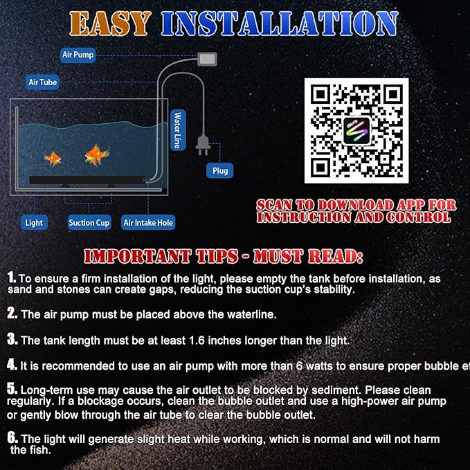 Smart App-Controlled LED Aquarium Light with 16 Million Colors, 12 Dynamic Effects, Fish Tank Light with Nano Air Bubble for Aquarium Bubbler Decorations, Submersible Fish Tank Accessories - 23''