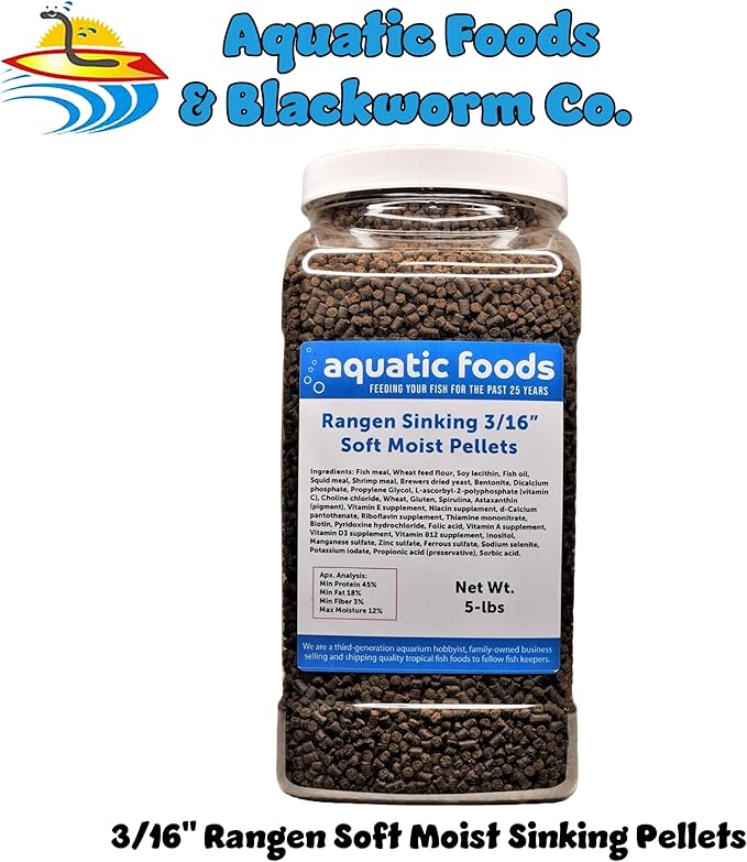 3/16" Soft Moist Sinking Salmon Pellets for Adult Axolotls, Shrimp, Snails, Crabs, Small Amphibians, Bottom Tropical Fish...5-lb Lg Jar