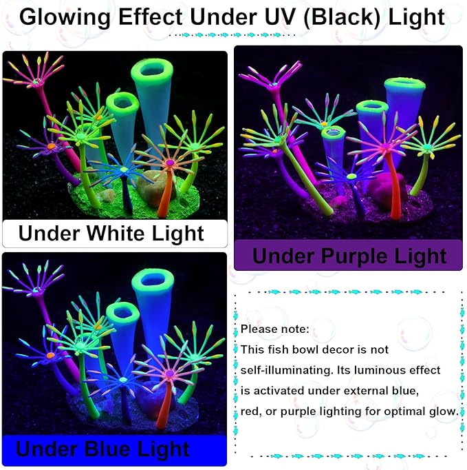 Glow in Dark Aquarium Fish Tank Decorations, Artificial Soft Anemone Coral Plants Ornaments for Aquarium Decor Landscape, Silicone Fish Tank Accessories Decorations (Green)