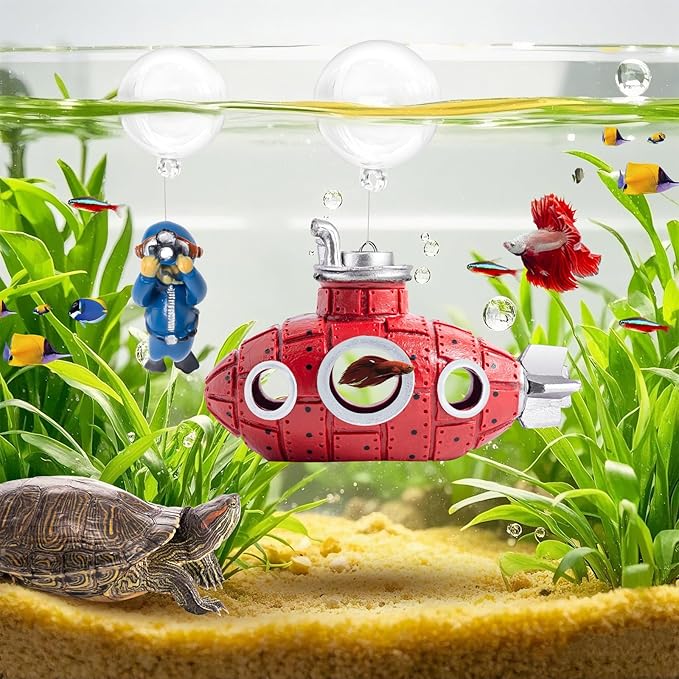 CousDUoBe New Upgrade Floating Fish Tank Decoration, Cute Retro Submarine Set and Floating Diver,Three Float Balls, Aquarium Decorations Resinous Betta Fish Tank Accessories