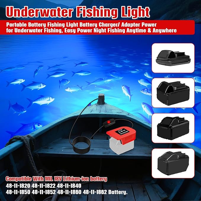 Underwater Fishing Blue Light Compatible with Milwaukee M18 Battery,1300 Lumens,LED Light for IP68 Waterproof Submersible Fish Attractor for Night/Ice/Boat Fishing(no Battery)