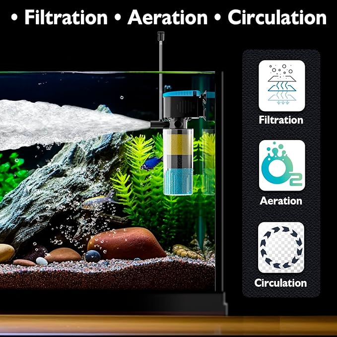 AquaMiracle Submersible Aquarium Filter 3-Stage in-Tank Filter with Dual Water Outlet & Aeration, 130GPH Internal Fish Tank Filter for 10-30 Gallon Aquariums