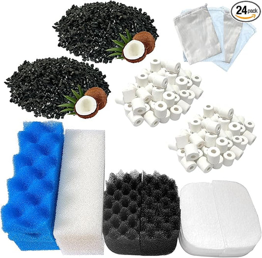 24 Pack Aquarium Media Kit Replacement for Fluval 206/207 Canister Filters, Replacement Bio Foam Filters, Activated Carbon & Ceramic Rings (2 Sets Maintenance Bundle)