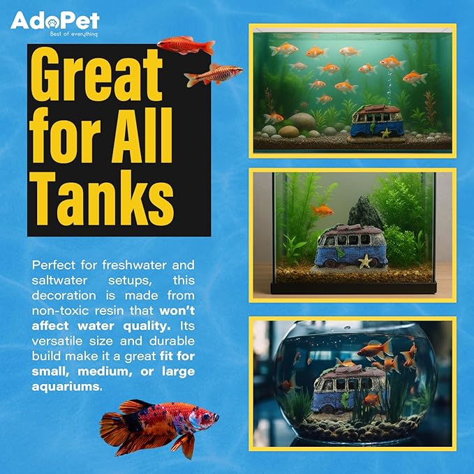 Colorful Resin Fish Tank Ornament with Multiple Hiding Spots, Safe Shelter for Small and Medium Aquariums, Stress-Relief Underwater Decor, Easy to Clean (Old Bus)