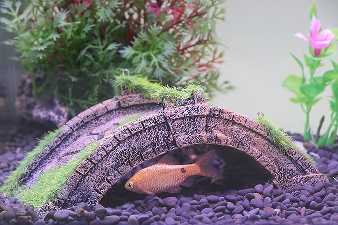 AQUA KT Fish Tank Decor Arch-Bridge Drawbridge with Grass for Aquarium Landscaping Decoration