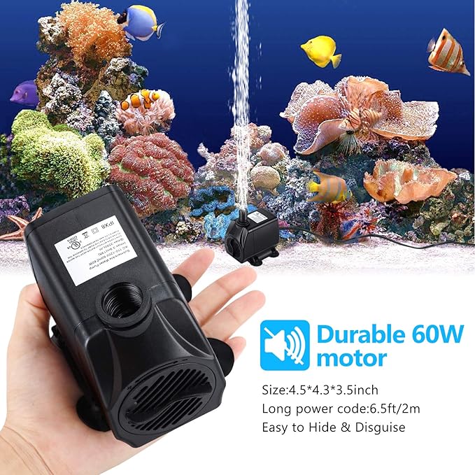 CWKJ Fountain Pump, 880GPH Submersible Water Pump, Durable 60W Outdoor Fountain Water Pump with 6.5ft Power Cord, 3 Nozzles for Aquarium, Pond, Fish Tank, Water Pump Hydroponics, Backyard Fountain