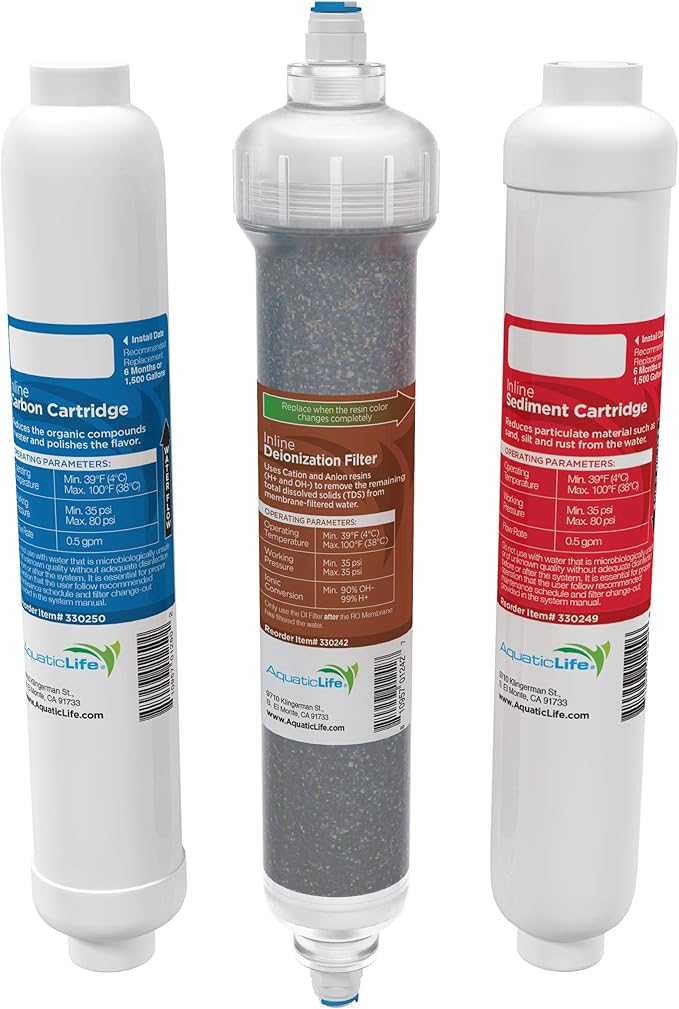 Aquatic Life RO Buddie Aquarium Filter Replacement Cartridge Set – 3 Pack (Sediment, Carbon, Color-Changing DI Resin) – Inline Cartridges for Clear, Safe Aquarium Water