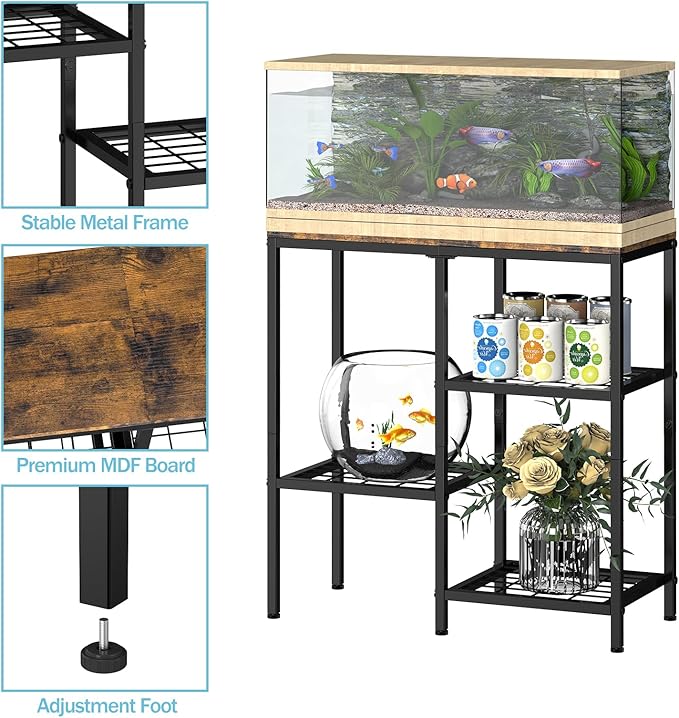 20 Gallon Aquarium Stand, 3 Tier Metal Fish Tank Stand with Shelves, Reptile Tank Stand for Accessories Storage, Turtle Terrarium Stand for Home Office,29.13" L x 12.2" W Tabletop, Brown