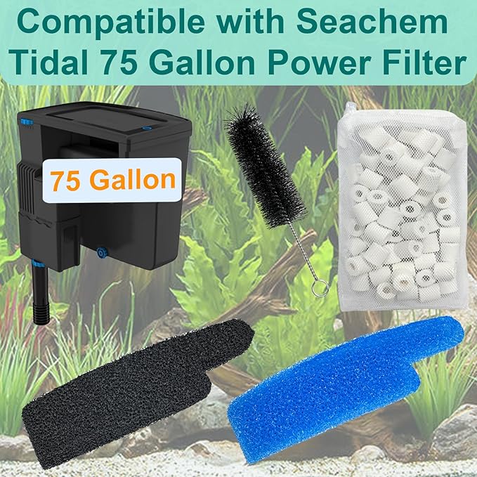 17-Set Filter Media Kit Replacement for Seachem Tidal 75 Gallon (300 Liters) Large Aquarium Fish Tank Filter, Comprising: Ceramic Rings, Blue Foam Filters, Carbon Sponge Filters, 1 Brush and Mesh Bags