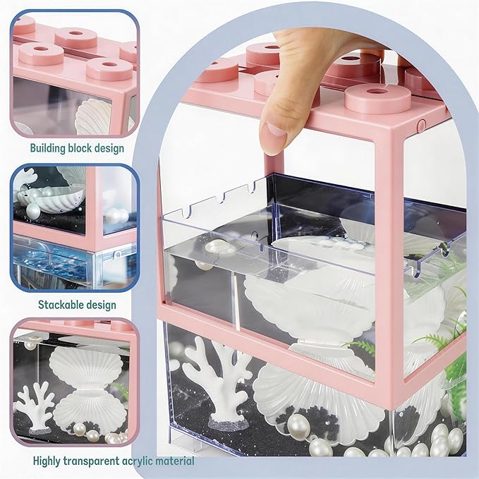 Small Betta Fish Tank, Mini Sea Monkey Tank Aquarium Kit with Gravel & Background Resin Decor, 0.6 Gallon Stackable Tabletop Fish Bowl Accessories for Shrimp Seaweed Ball (Pink)