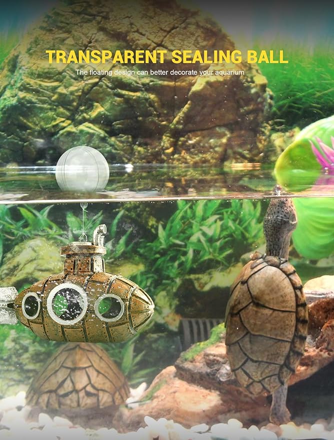 Floating Fish Tank Decoration, Little Cute Retro Submarine Aquarium Decoration with Two Float Balls, Resinous Fish Tank Accessorie, Safe Fish Toy for Betta Cichlid Goldfish Shrimps Hermit Crabs