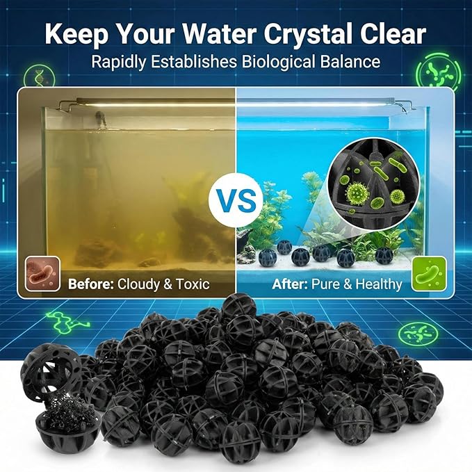 RAINFLOW Aquarium Bio Balls - 100pcs Black Bulk Sump Filter Media with Sponge Biological Filtration Media for Koi Pond,Fish Tank,Canister,Air Pump