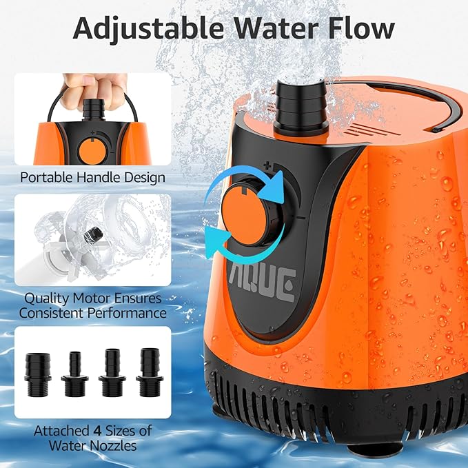 AQUE 360° All-round Water Intake Submersible Pump. It is suitable for fish tanks, ponds, aquariums and hydroponic systems. It comes with a 6-foot power cord and 4 nozzles. (100W)