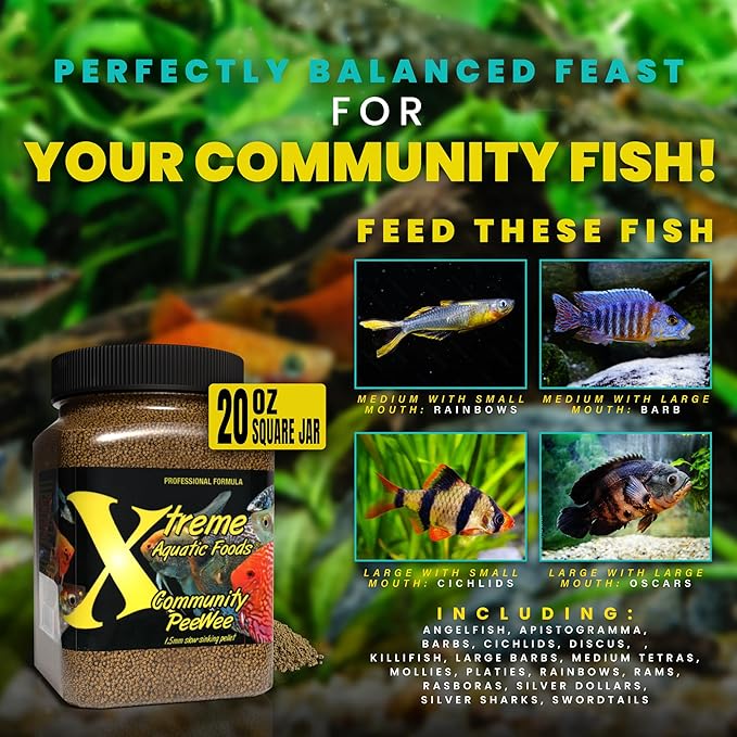 Xtreme Community Peewee 1.5mm Pellets: Slow Sinking & Ideal for Community Fish - Boosts Immune & Digestive Health, Enhances Color & Energy, Max Protein Fish Food – USA Farm Grown (20oz)
