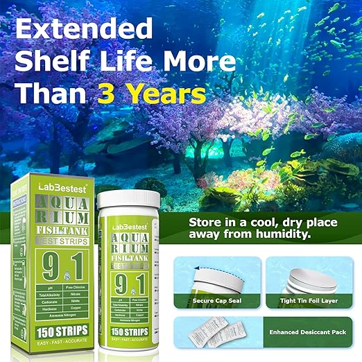 Aquarium Ammonia Test Strips - 150 Fish Tank Testing Strips for Freshwater Saltwater - Pond Water Tester Kit - Rapid Accurate Easy to Test pH, Nitrate, Nitrite, Ammonia and More (9-Way)