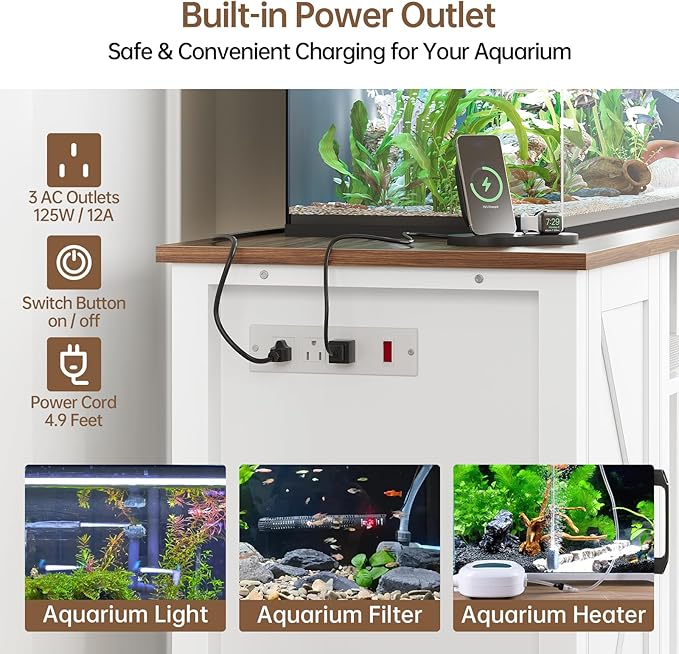 OtterOasis 55-75 Gallon Fish Tank Stand with Power Outlet & Adjustable Shelf, Heavy Duty Aquarium Stand with Cabinet Storage for Fish Tank, Turtle Tank, Reptile Terrarium, 1000LBS Capacity, White