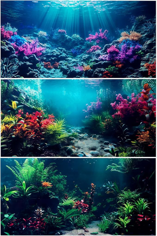 COMSUN 3 Pack Aquarium Background, 48x18 inches Polyester Aquarium Background, Cloth Fish Tank Background, Undersea Corals Sunshines & Rock Aquatic Plants
