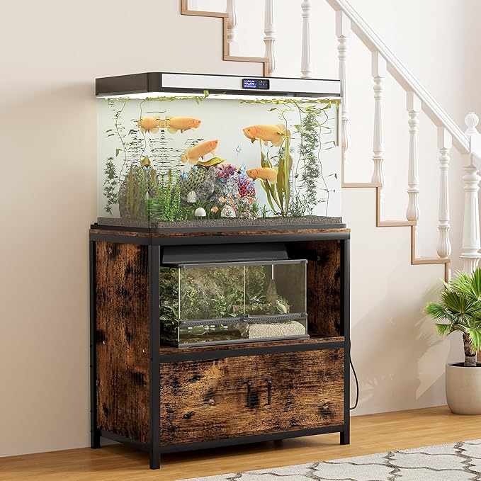 TQVAI 50-75 Gallon Fish Tank Stand with Power Outlets, Heavy Duty Aquarium Stand with Cabinet Storage Fish Tank Accessories, Large Reptile Terrarium Tank Stand, Black/Vintage